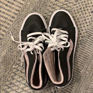 Black and purple leather high top vans